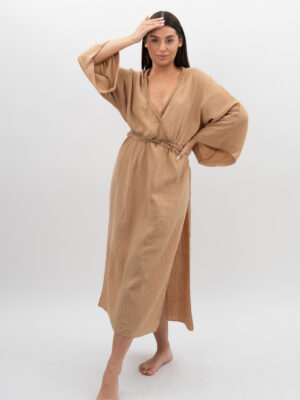 Sukienka ze Sznurkiem i Rękawem Beż