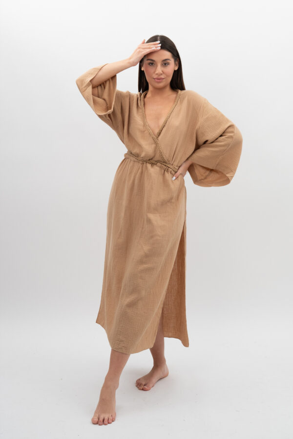 DSC_3221 Sukienka ze Sznurkiem i Rękawem Beż