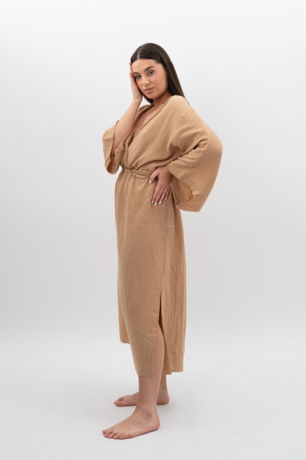 DSC_3225 Sukienka ze Sznurkiem i Rękawem Beż