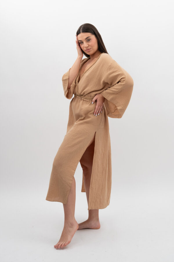 DSC_3227 Sukienka ze Sznurkiem i Rękawem Beż