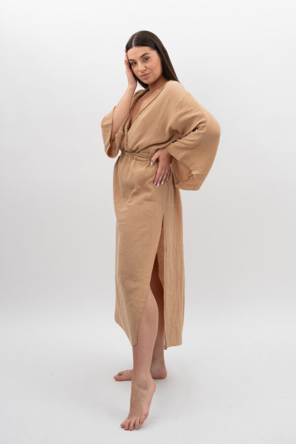 DSC_3228 Sukienka ze Sznurkiem i Rękawem Beż